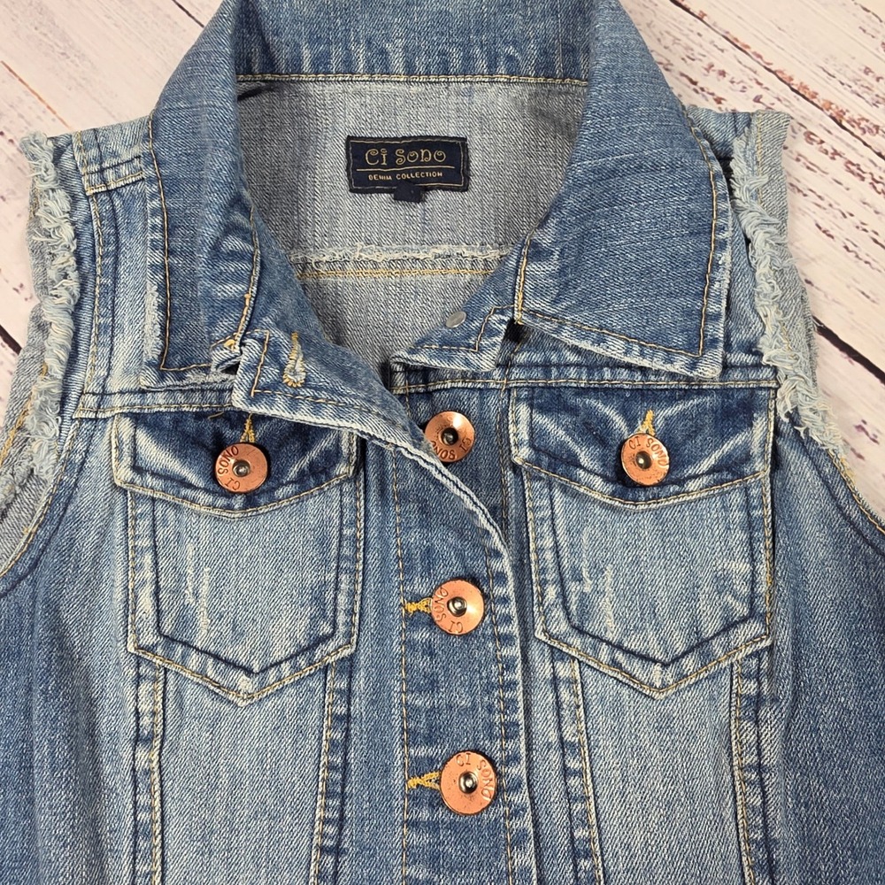 Ci Sono Denim Vest Womens‎ Small Excellent Cropped Frayed Raw Hem Medium Wash